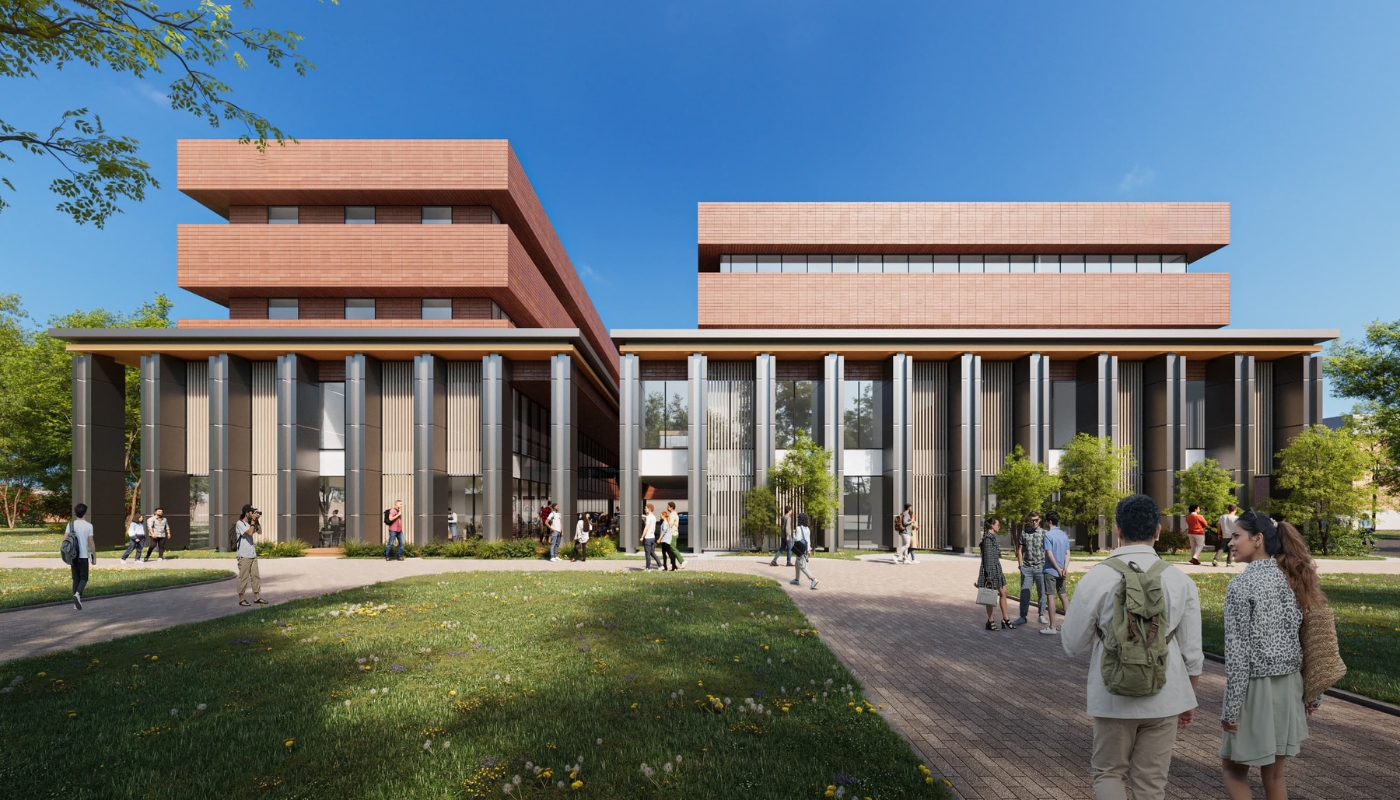 高層ビルの外観のレンダリング。